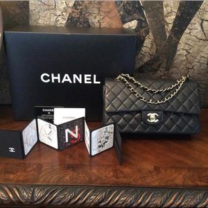 Chanel Black Medium Flap Lambskin GHW Burgundy